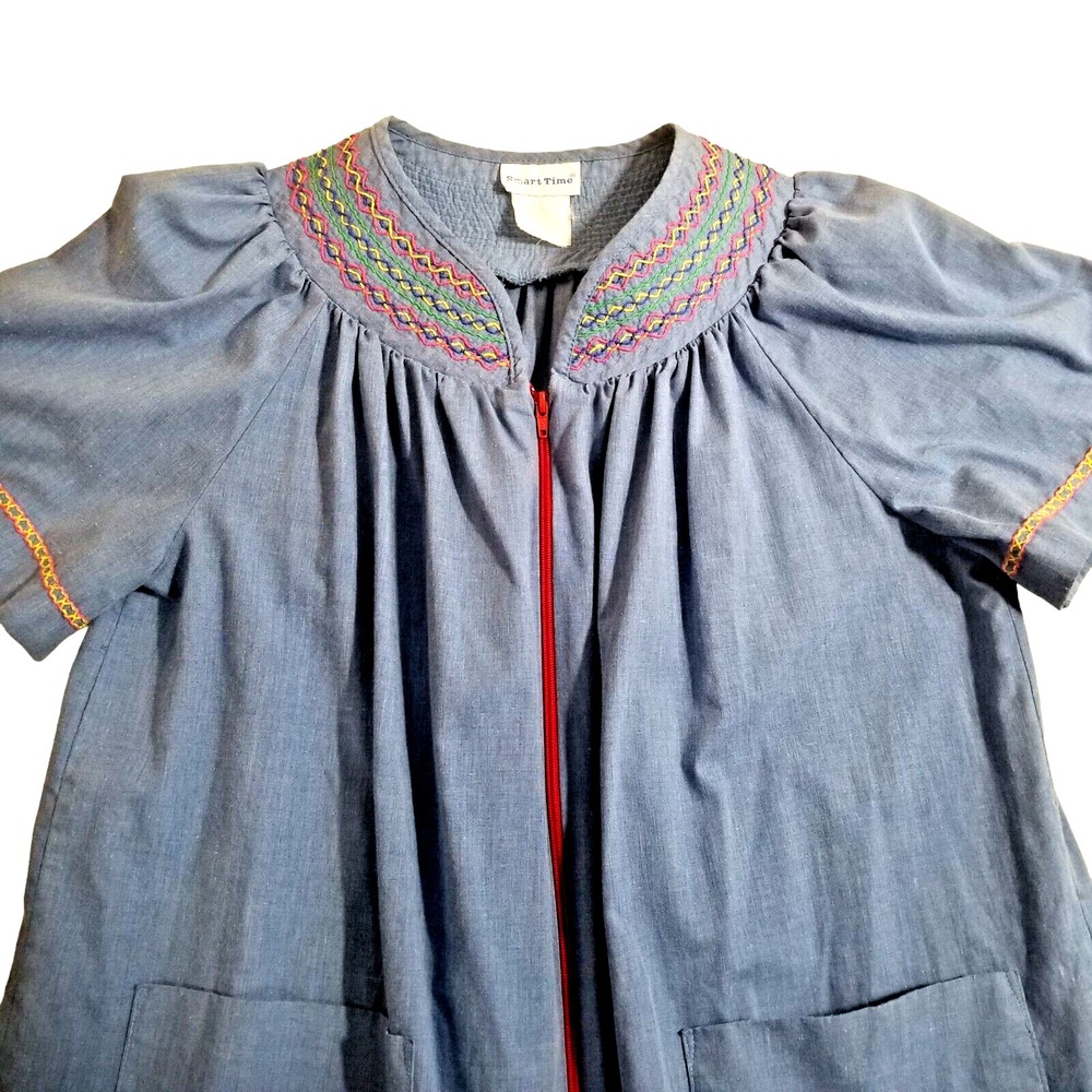 Smart Time Vtg House Dress 1X Mumu Full Zip Pockets Embroidered Lounge Duster - Picture 5 of 10